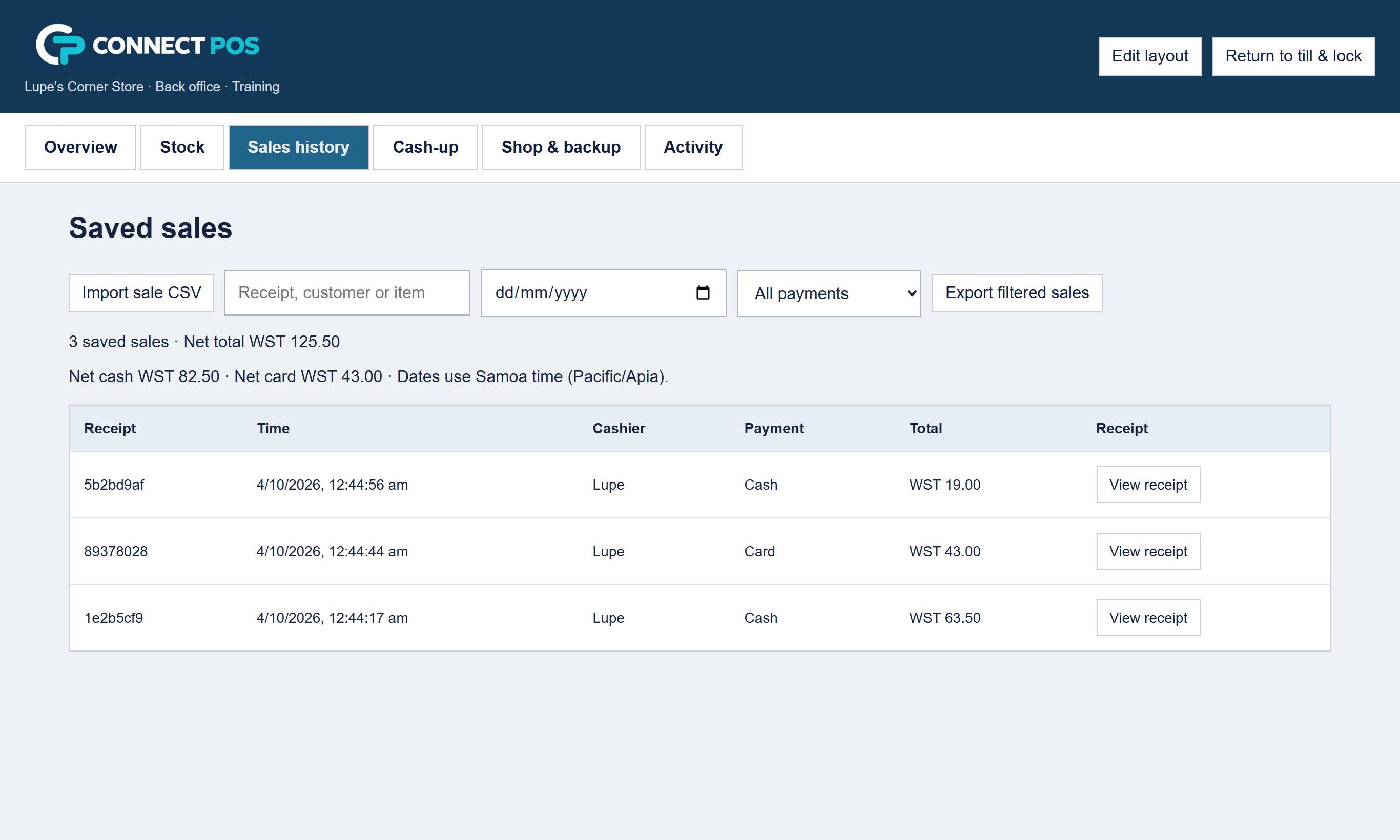 The Connect POS saved sales list for a sample day, with three receipts, times, cashier, payment type and totals.