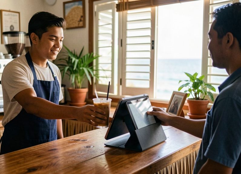 A barista hands an iced coffee across a timber counter with a tablet till beside him.