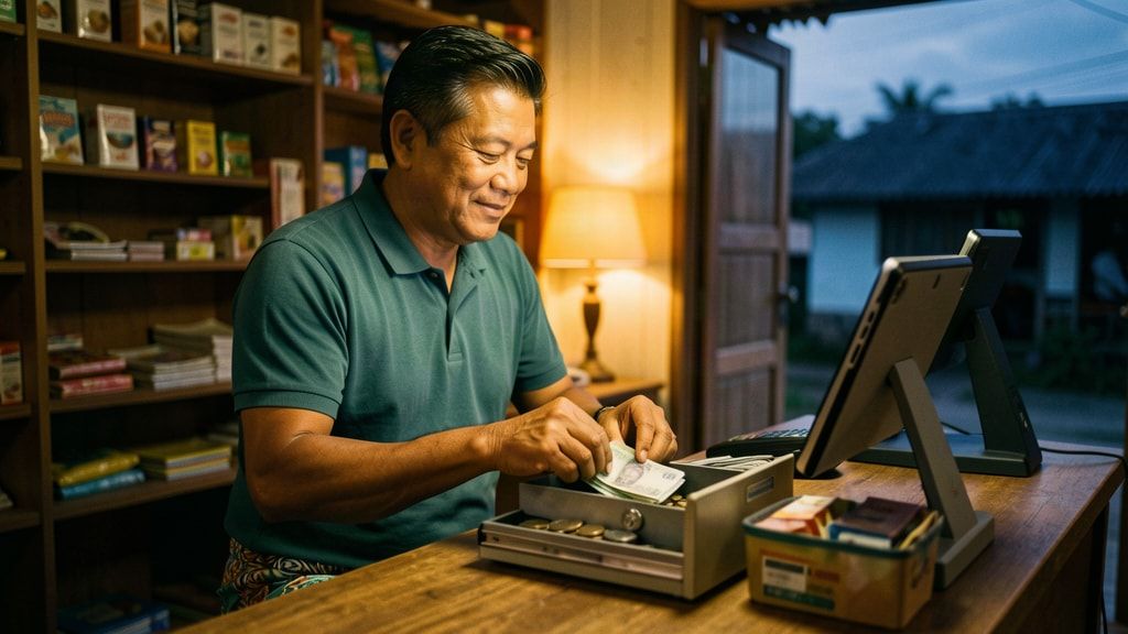 A shop owner smiles as he counts notes into the cash drawer at closing time, with the tablet till beside him.
