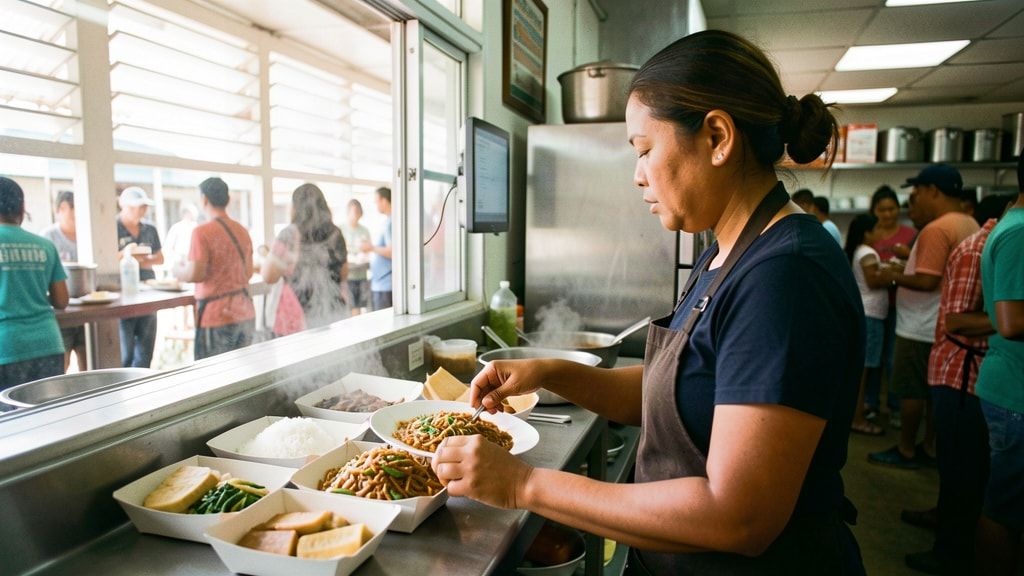 A cook plates chop suey and rice at a busy kitchen pass, with a screen on the wall beside her.