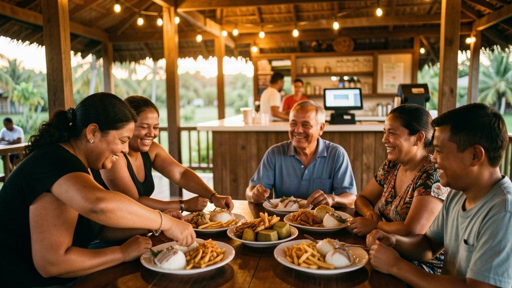 A family shares plates of food at an open-air restaurant table in the evening.