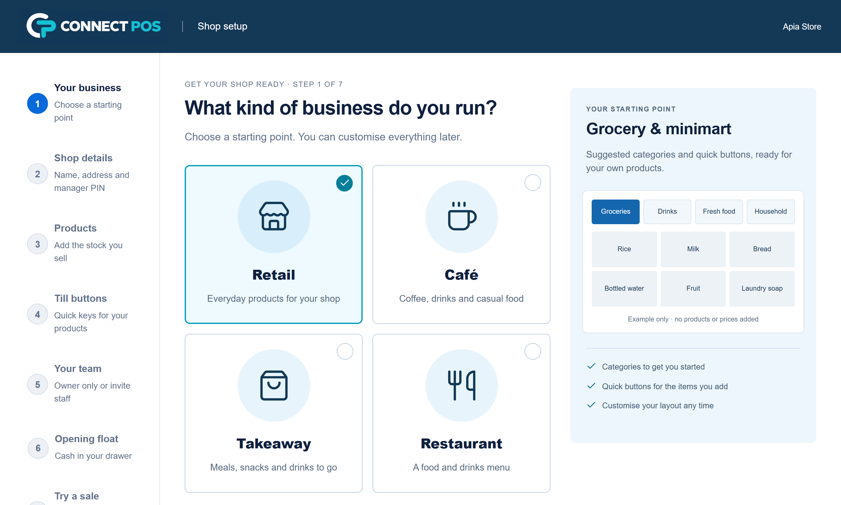 The first step of Connect POS setup: choose Retail, Café, Takeaway or Restaurant. Grocery and minimart is selected and the preview shows starter categories and quick buttons.