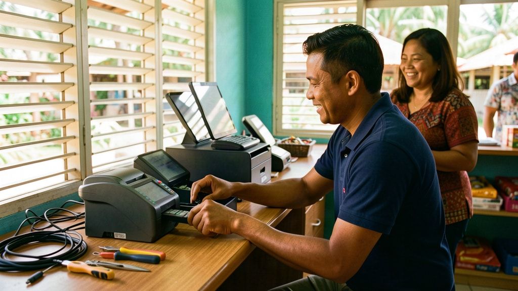 Illustration: a technician sets up a receipt printer and tablet till at a shop counter while the owner watches.