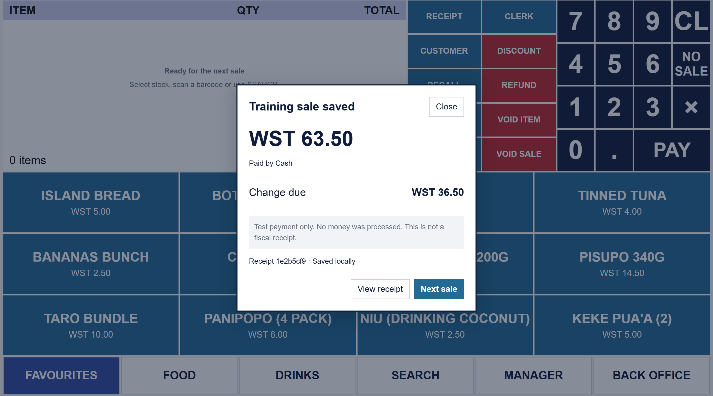A saved sale in Connect POS: WST 63.50 paid by cash with WST 36.50 change due.