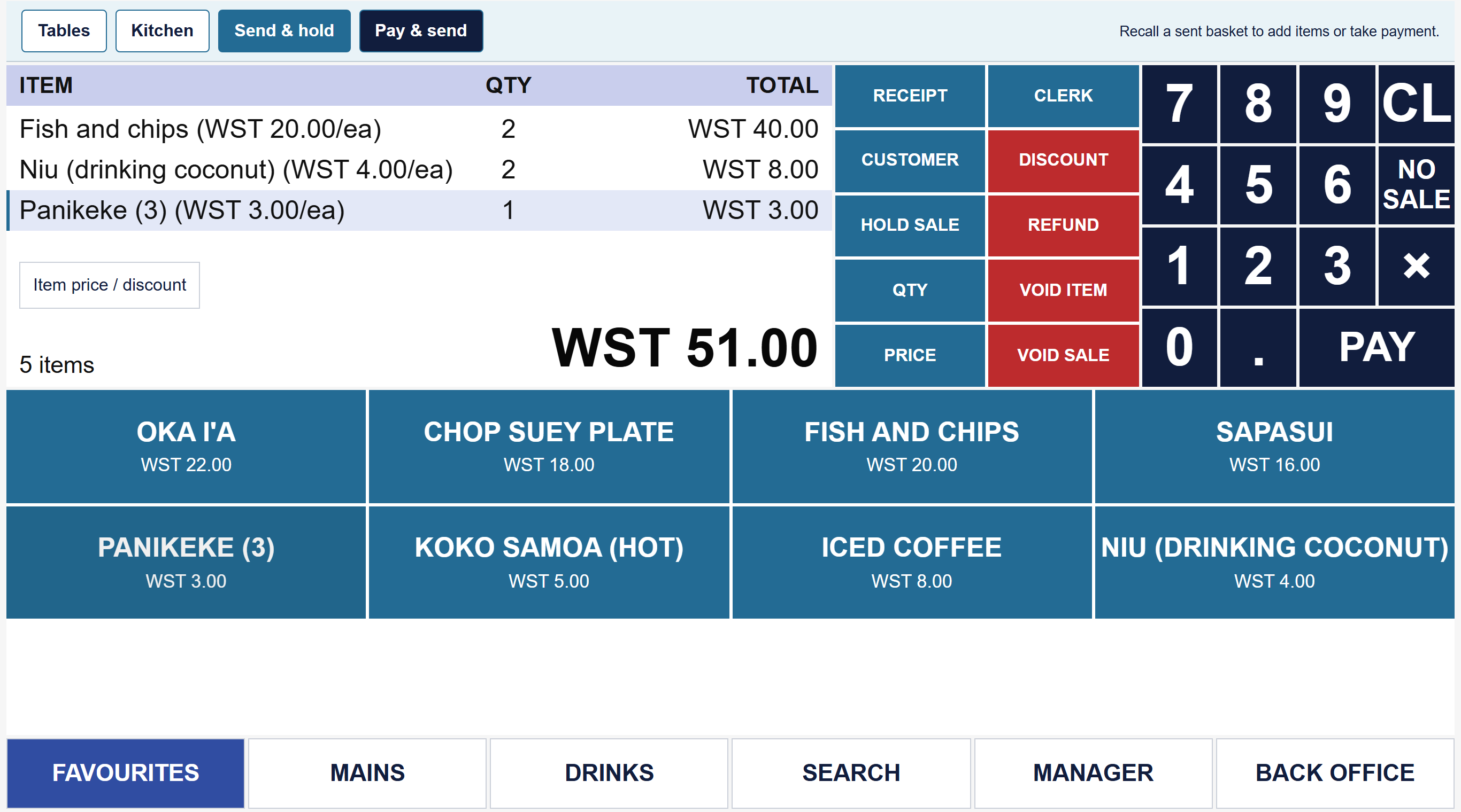 The Connect POS sales screen for a sample restaurant, Talofa Kitchen, with Tables, Kitchen, Send and hold, and Pay and send buttons above the basket, and menu buttons for oka iʻa, chop suey, sapasui and Koko Samoa.