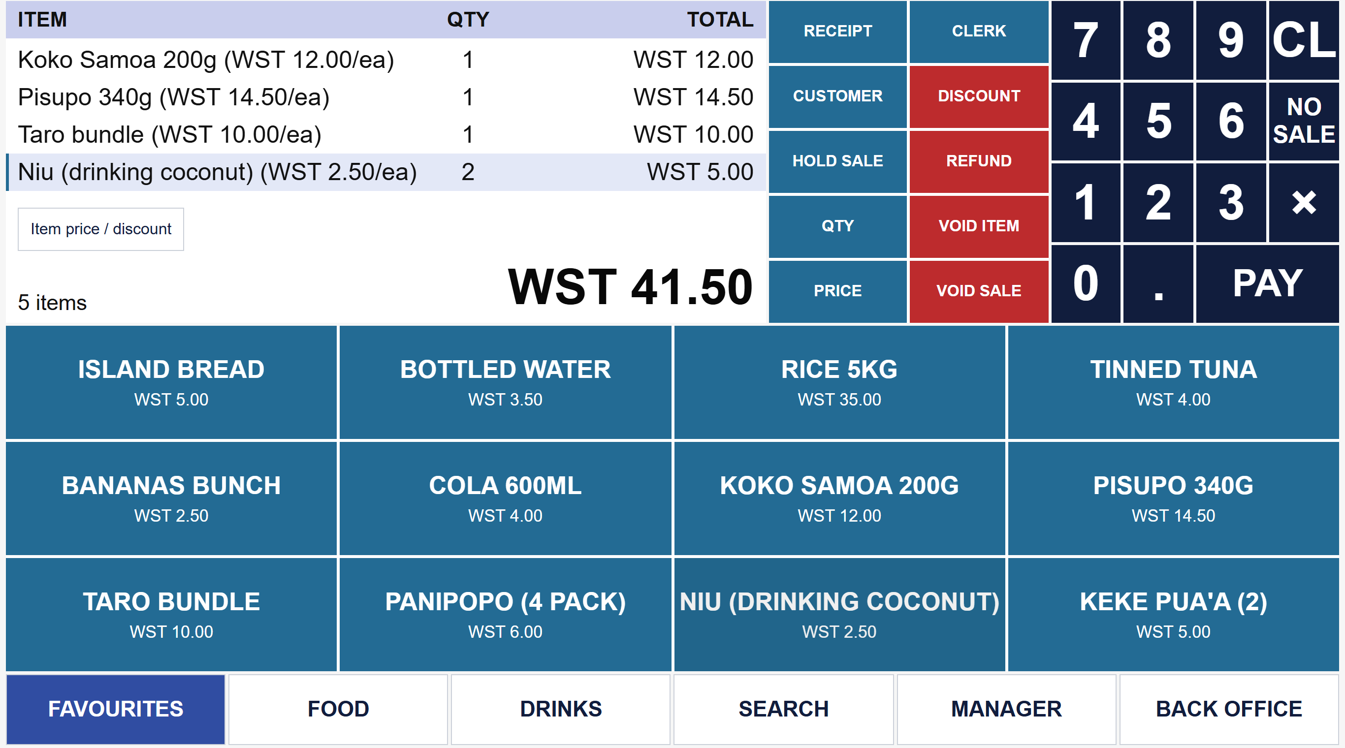 The Connect POS sales screen with four items in the basket, a WST 41.50 total, function keys, a number pad with PAY, and product buttons for island bread, Koko Samoa, pisupo and more.